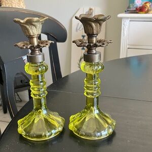 Vintage Glass Candle Holders - Yellow, green color